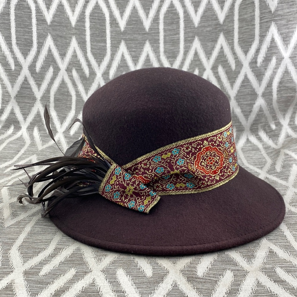 Vintage Betmar Wool Hat in Brown with Gold Detailed Ribbon & Feather Accent